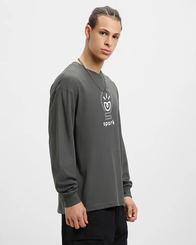 بيواكوف Men's Grey Spark Graphic Printed Oversized T-shirt